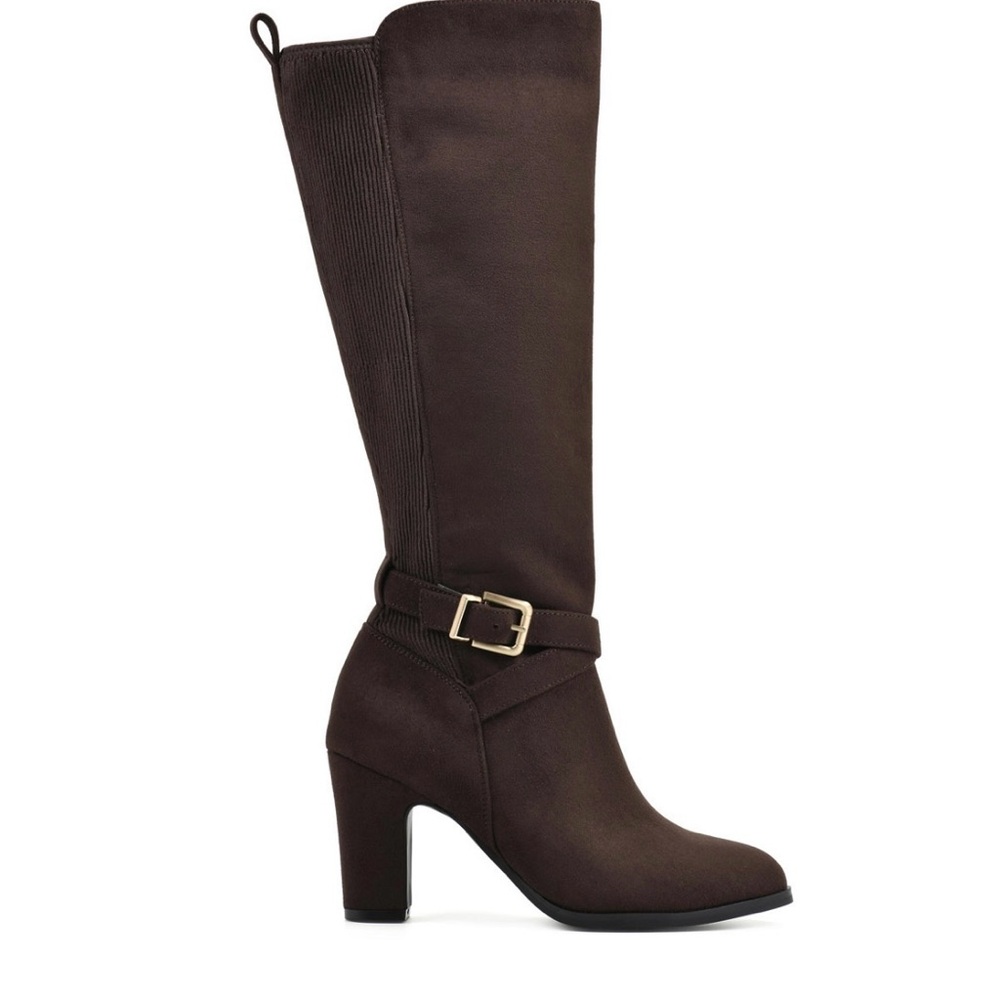 NWB White Mountain Teals block heel brown fabric knee-high boots. Size 9.